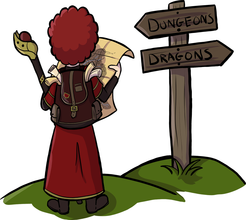 A drawing of Xavros facing away from the reader, looking at a map, with a wooden signpost in front of him, with two signs pointing in opposite directions. The sign pointing to the left says Dungeons, and the sign pointing the right says Dragons.