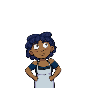 Anita is a dark skinned, Dwarven woman with dark brown eyes, and short hair styled in dark blue dreads. She wears a blue shortsleeved dress with a white chef's apron.