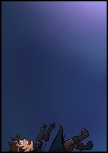 A starless night time sky. Horbin is now partially obscured by the bottom of the panel. He is looking to his side towards whatever he is approaching.