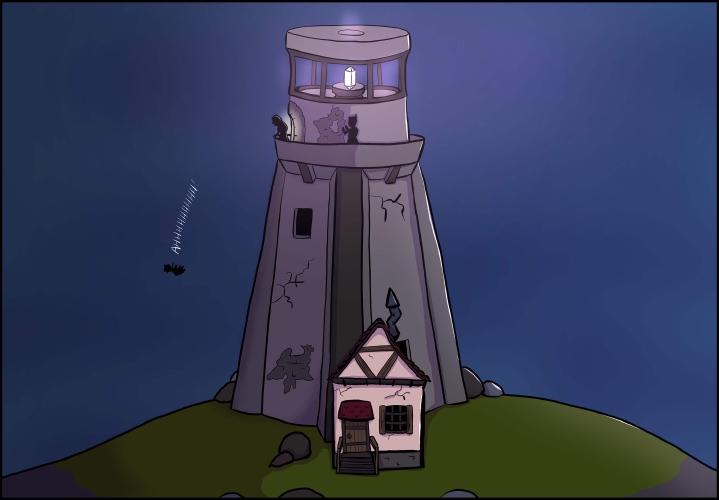 A lighthouse stands at the top of a hill behind a starless night time sky. is a stone lighthouse that looks like it is in a state of disrepair. An odd purple glow emanates from a crystal at the top of the lighthouse, which was the source of the pink glow in the previous panels. Below the floor with the crystal, is an observation balcony that circles around the entire circumference of the lighthouse. At the foot of the lighthouse stands the lighthouse keeper’s house, a smaller, off-white building with a red roof, in a similar state of neglect as the rest of the lighthouse.

On the left hand side of the balcony, a human figure with long hair, barely illuminated by the glow of the door behind them, stands staring down at a shadowed figure falling below them in the shape of the halfling. Horbin is screaming, indicated by a white handwritten font that follows his trajectory saying “Ahhhhhhhhhh!” At the center of the observation balcony, behind the figure near the door, stands another larger figure with horns that watches the scene unfold before them.