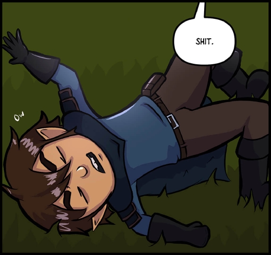 Horbin is lying on grass covered ground, his limbs splayed out in every direction. He’s cringing with his eyes closed. A white handwritten font to the side of his head says “Ow.” Somewhere off panel and above Horbin, someone says “Shit.”