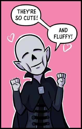 Frank stands in front of a light pink background, with two white hearts on either side of his head. His eyes are closed, a giant smile on his face, as he raises fists in the air with excitement, the argument between GM and Veronica temporarily forgotten.

“They’re so cute!” he enthuses, “And fluffy!”
