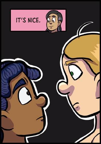 Close up of Anita and Lulu facing each other in profile view against a black background, highlighted with white.  Their eyes are wide, a look of mutual horror on their faces.

Above them, Veronica continues her narration from the previous panel. "It's nice," she says, a wistful smile on her face.