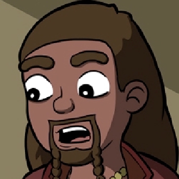 Finbar is a dark skinned Dwarven man, and long brown hair, and a groomed dark beard that is styled into two braids. He wears a golden beaded necklace, a red captain's coat, black gloves, an off white tunic, and dark leggings with dark boots.