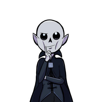 Frank is a grey skinned undead Lich with accentuated cheekbones and pointed ears. His eyes are entirely black with the exception of light blue glowing lights that act as his pupils. He wears a dark blue suit with a blue cape with a high collar. 