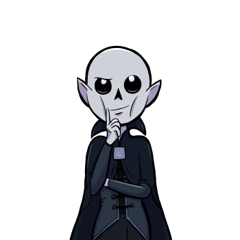 Frank is a grey skinned undead Lich with accentuated cheekbones and pointed ears. His eyes are entirely black with the exception of light blue glowing lights that act as his pupils. He wears a dark blue suit with a blue cape with a high collar.