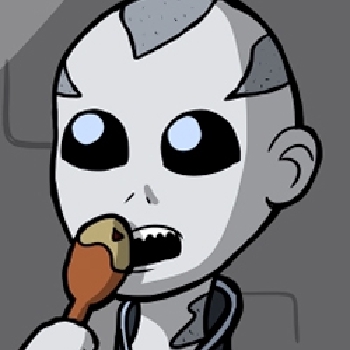 Frank is a Lich with light grey skinned with darker grey patches. His eyes are entirely black with the exception of light blue glowing lights that act as his pupils. He wears a dark blue suit with a blue cape with a high collar.