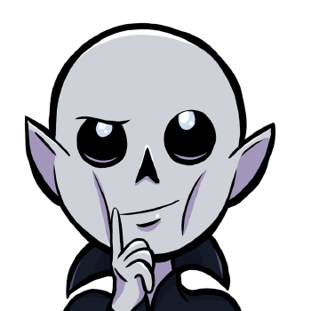 Frank is a grey skinned undead Lich with accentuated cheekbones and pointed ears. His eyes are entirely black with the exception of light blue glowing lights that act as his pupils. He wears a dark blue suit with a blue cape with a high collar. 