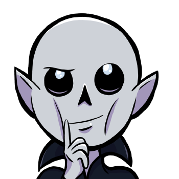 Frank is a grey skinned undead Lich with accentuated cheekbones and pointed ears. His eyes are entirely black with the exception of light blue glowing lights that act as his pupils. He wears a dark blue suit with a blue cape with a high collar.