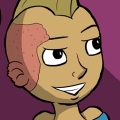 Gazbiyya is a tan gnome with a blond mohawk. Her right ear has part of her skull are covered with burns from some ort of explosion. She wears a blue tunic with a ruffled dark blue skirt.