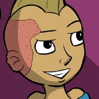 Gazbiyya is a tan gnome with a blond mohawk. Her right ear has part of her skull are covered with burns from some ort of explosion. She wears a blue tunic with a ruffled dark blue skirt.