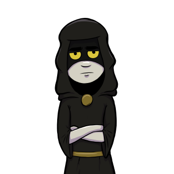 GM is a figure in dark black robes with gold accents that covers most of his body except for the lower half of his face, and lower arms. He has yellow eyes with black pupils and greyish skin.