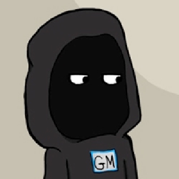 GM is a figure in dark black robes with gold accents that covers most of his body except for the lower half of his face, and lower arms. He has yellow eyes with black pupils and greyish skin.