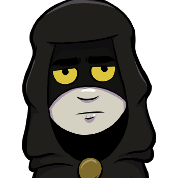 GM is a figure in dark black robes with gold accents that covers most of his body except for the lower half of his face, and lower arms. He has yellow eyes with black pupils and greyish skin.