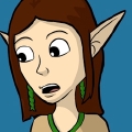 Kumae is a pale Elvin woman with long ears, and shoulder length brown hair. She wears a neutral crop top with green trim, and matching skirt, with long green earrings.