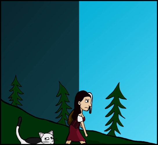 The panel zooms in. Veronica and Mr. Tiny are still walking, but the landscape is now split down the middle. On the left, the sky at night is visible, while the right is bright blue and clearly daytime. Veronica is passing through the middle of the shot, her face brightly lit by the sudden sunshine.