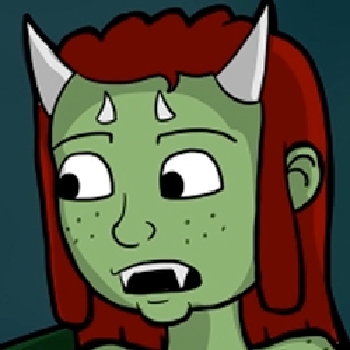 Lily is a Half-Orc woman with green skin, and long red hair that is styled into dreads. She has two longer horns on either side of her forehead that stick out from her head, with two smaller horns sticking straight out from the center of her skull above her eyebrows. She wears a light pink, full length dress with an empire waist.