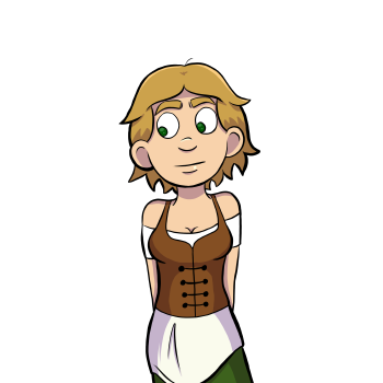 Lulu is a light skinned, Human woman with green eyes, and medium length blond hair. She wears a white blouse with a green skirt that is covered by a lopsided apron. Over her blouse she wears a medium light brown corset.