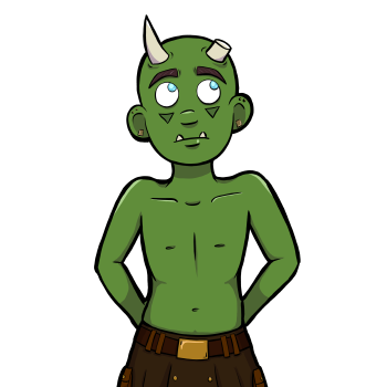 Thog is a green skinned, Half-Orc man with light blue eyes. He is bald, with dark brown eyebrows, and has two horns coming out of his skull (although his left horn has been shaved down, as if it had been damaged). He has gold jewelry on his ears, and wears a well made kilt with golden fastenings that match his earrings.