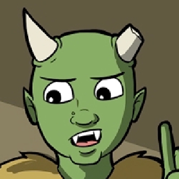 Thog is a green skinned, Half-Orc man He is bald, and has two horns coming out of his skull (although his left horn has been shaved down, as if it had been damaged). He has pointed green ears. He dresses in a lot of shades in brown that is a mix of fur and leather.