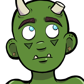 Thog is a green skinned, Half-Orc man with light blue eyes. He is bald, with dark brown eyebrows, and has two horns coming out of his skull (although his left horn has been shaved down, as if it had been damaged). He has gold jewelry on his ears, and wears a well made kilt with golden fastenings that match his earrings.