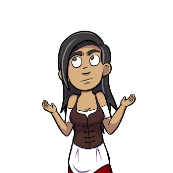 Veronca is a light skinned, Human woman with dark brown eyes, and long black hair with two lighter streaks that frame her face. She wears a white blouse with a maroon skirt with a lopsided white apron and a dark brown corset.