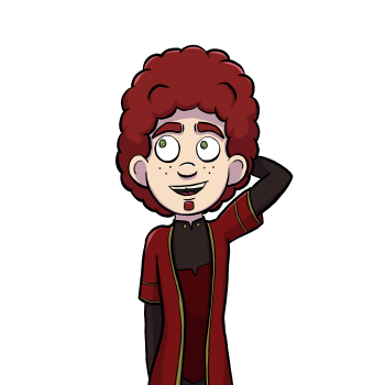 Xavros is a light skinned, freckled, Human man with green eyes, curly red hair that stick ups from the top of his head, and a matching red goatee. He wears a red robe  with gold accents over a long sleeved black shirt, darker red tunic, and leggings.
