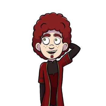 Xavros is a light skinned, freckled, Human man with green eyes, curly red hair that stick ups from the top of his head, and a matching red goatee. He wears a red robe  with gold accents over a long sleeved black shirt, darker red tunic, and leggings.