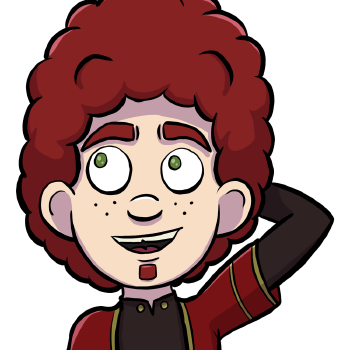 Xavros is a light skinned, freckled, Human man with green eyes, curly red hair that stick ups from the top of his head, and a matching red goatee. He wears a red robe  with gold accents over a long sleeved black shirt, darker red tunic, and leggings.